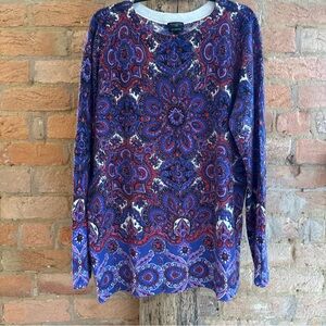 Talbots Paisley Long Sleeve Top Sweater- Blue and Red Merino Wool